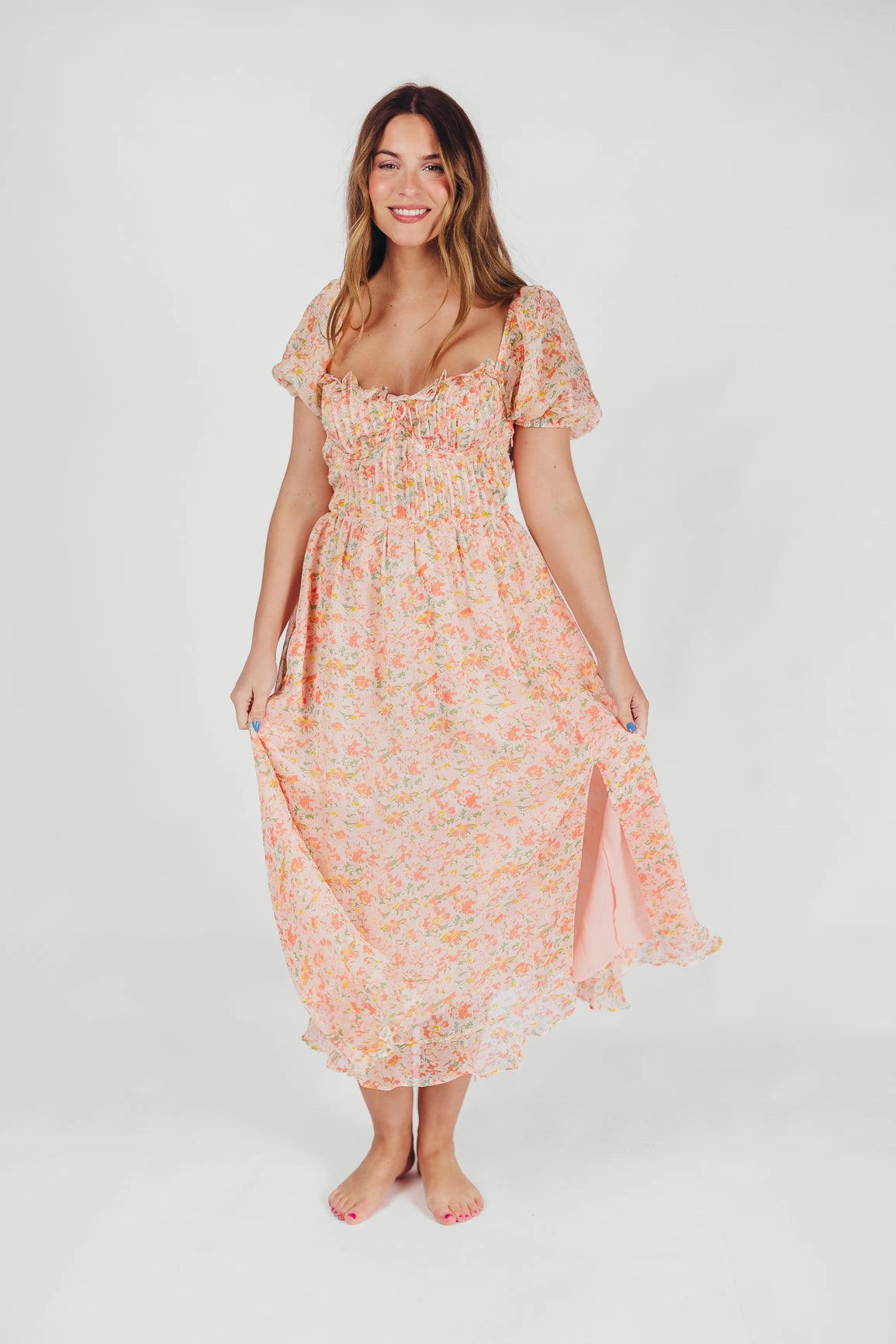 Side-Slit Lunaria Pleated Bustier Midi Dress in Orange Floral *Final-Sale*