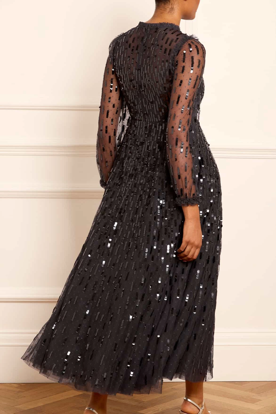 Sequin Dash Long Sleeve Gown Sharp Fit Subtle Lines