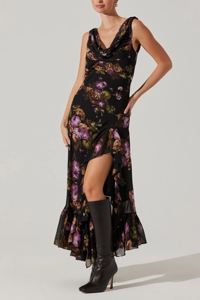 Cecilia Dress Black purple floral Must-have Crinkle Effect