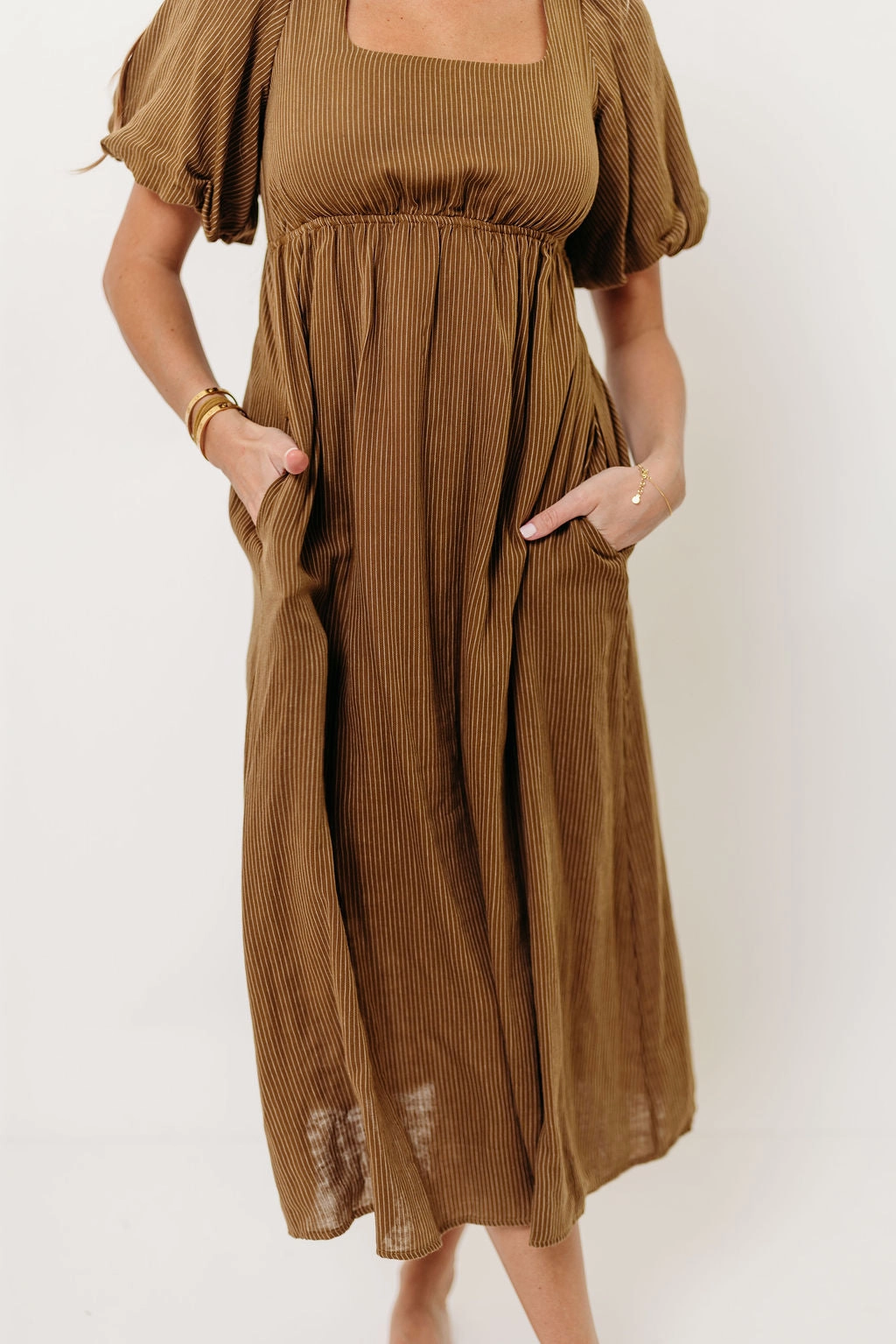 Panelled-Design Handmade Phoebe Midi Dress in Camel/Cream