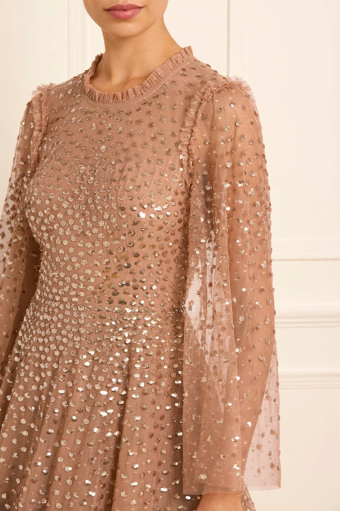 Tiered-Skirt Scatter Dot Round Neck Ankle Gown