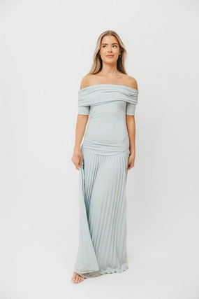 The Lennox Maxi Dress in Dusty Blue Bow Soft