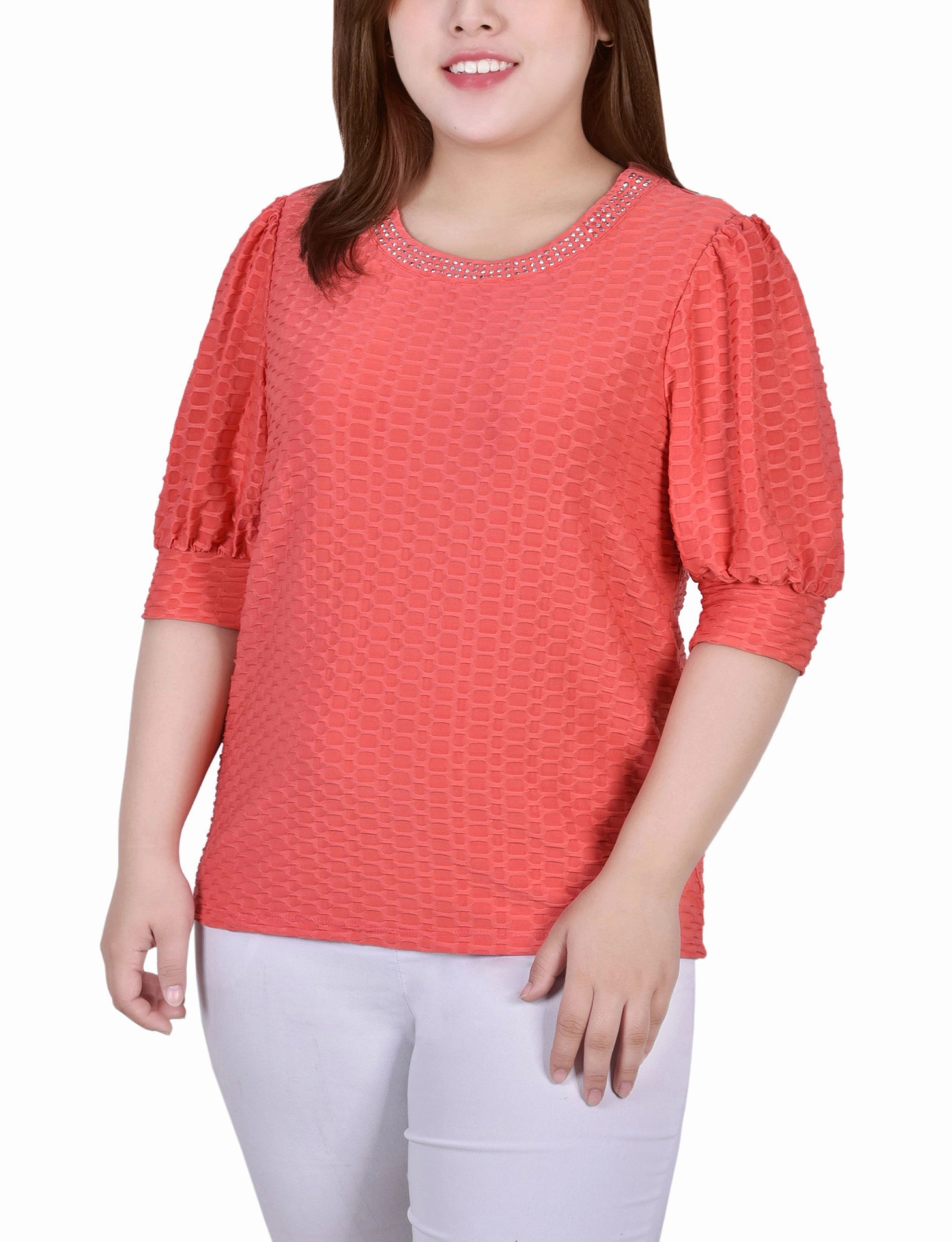 Low Profile Zipper Plus Size Short Puff Sleeve Honeycomb Top
