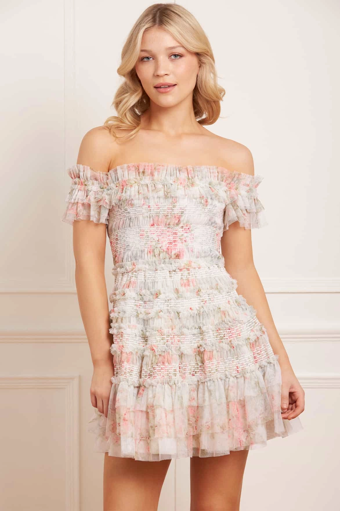 Madame Rose Elodie Off-Shoulder Micro Mini Dress Clean Edge Family Glow