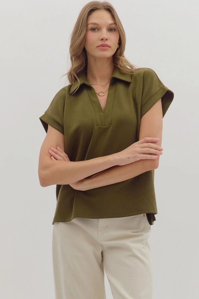 AbrasionResistant Surface Maeva Scuba Short Sleeve Top in Olive