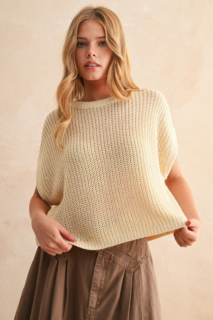 Maggie Cap Sleeve Sweater in Cream V-neck Blouse FlexibleCuffs