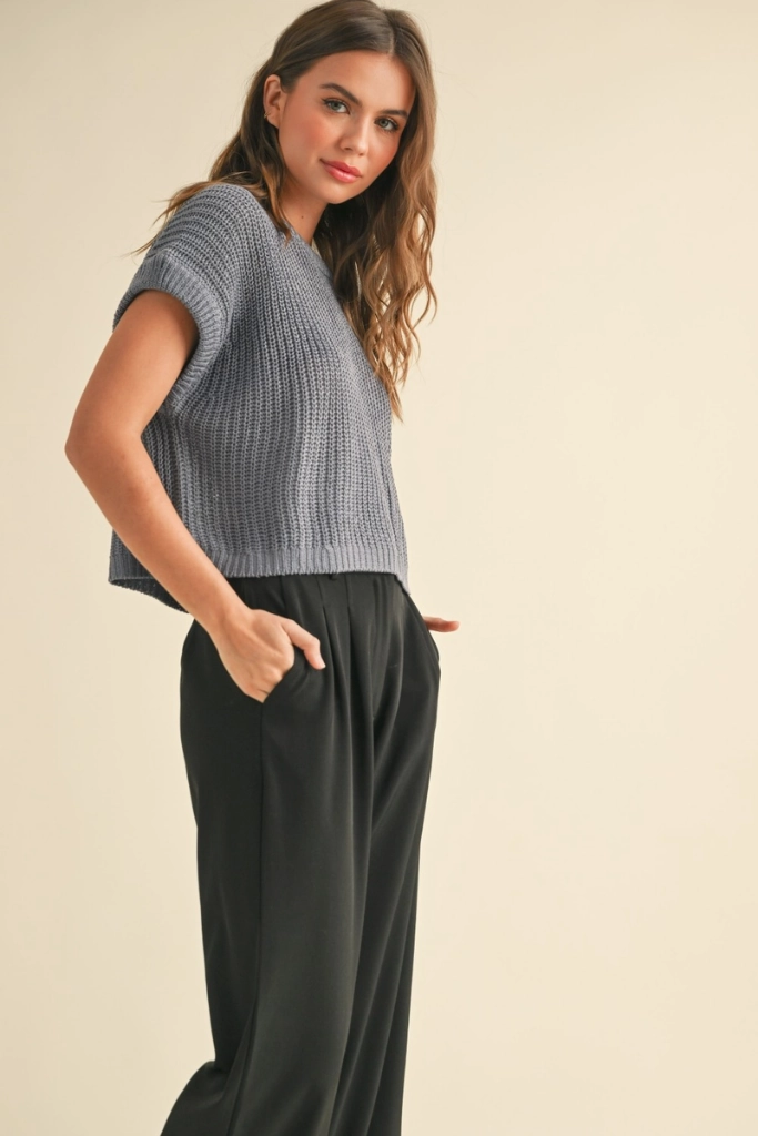 Maggie Cap Sleeve Sweater in Denim Blue Layered Hemline