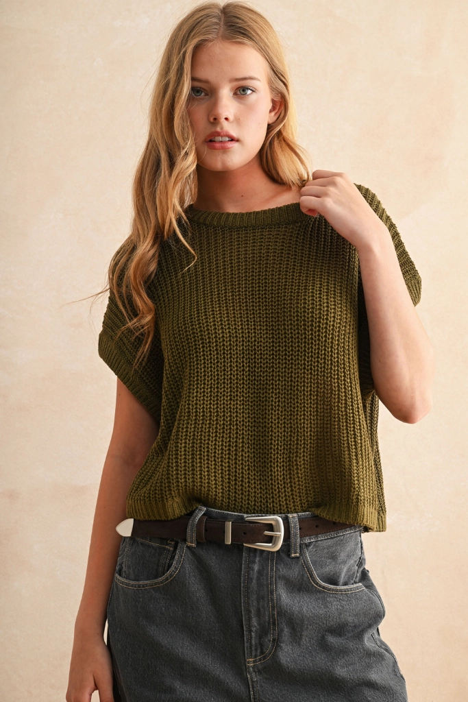 Maggie Cap Sleeve Sweater in Olive SublimatedPrint DurableCollarStays