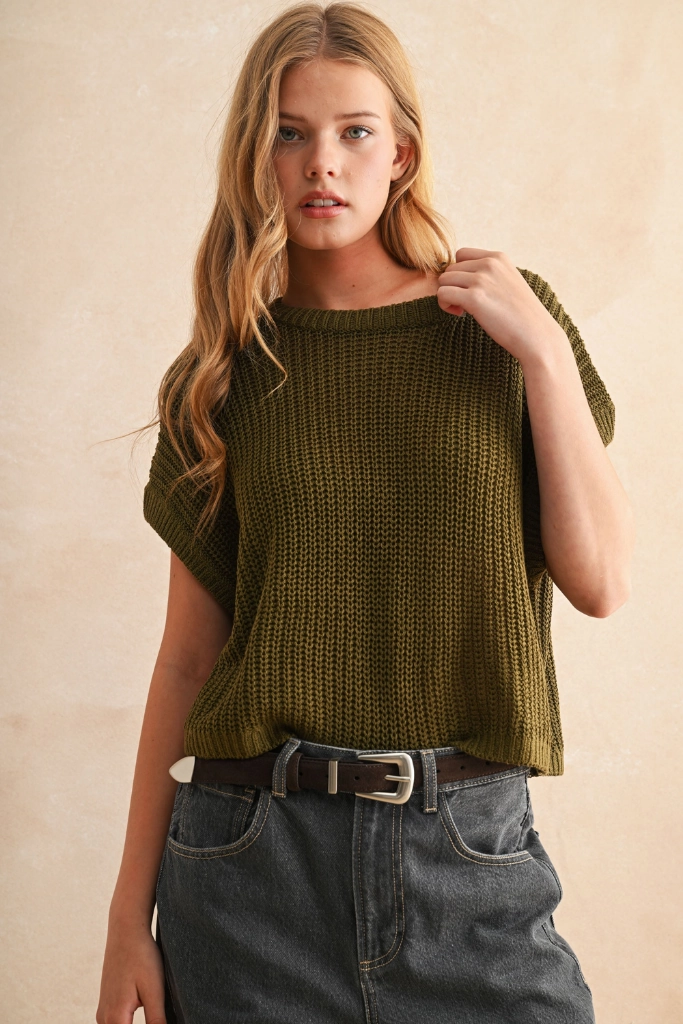 Non Slip Shoulder Seams Maggie Cap Sleeve Sweater in Olive