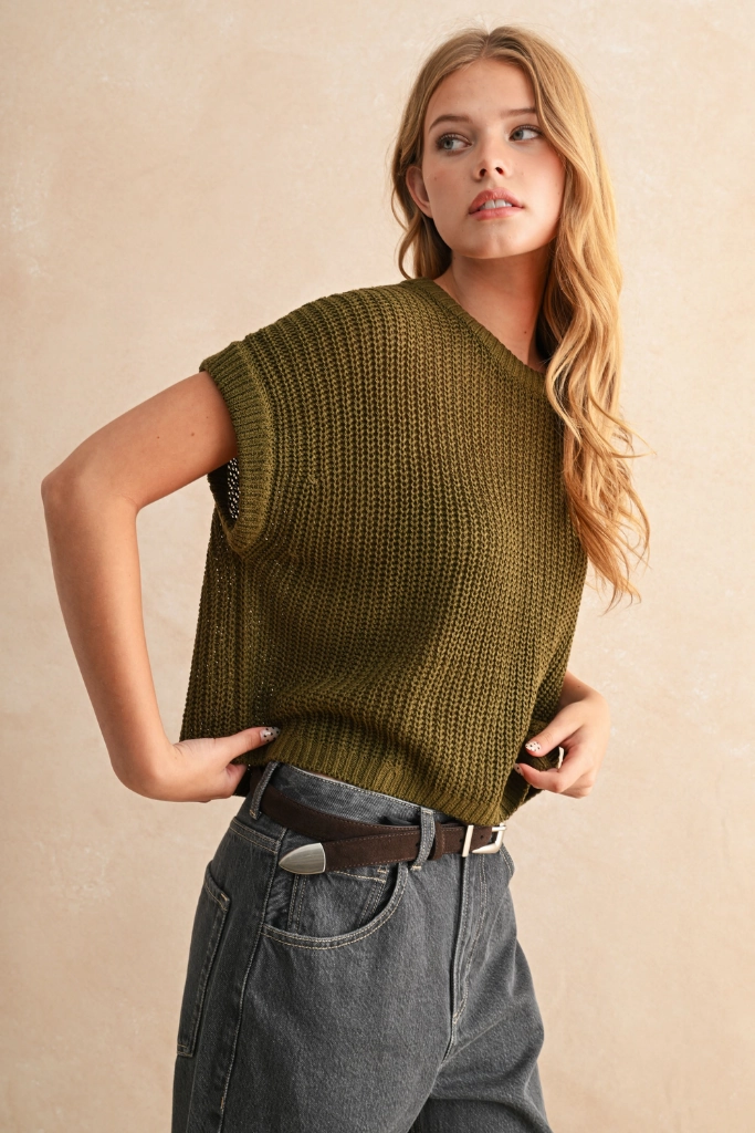 Maggie Cap Sleeve Sweater in Olive Stretch Fit LowImpact Dye Process