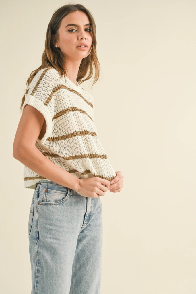 Maggie Stripe Cap Sleeve Sweater in Stone Stripe ReflectiveDetails SmoothZipper