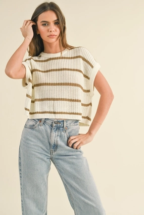 Multi Way Adjustable Fit Maggie Stripe Cap Sleeve Sweater in Stone Stripe