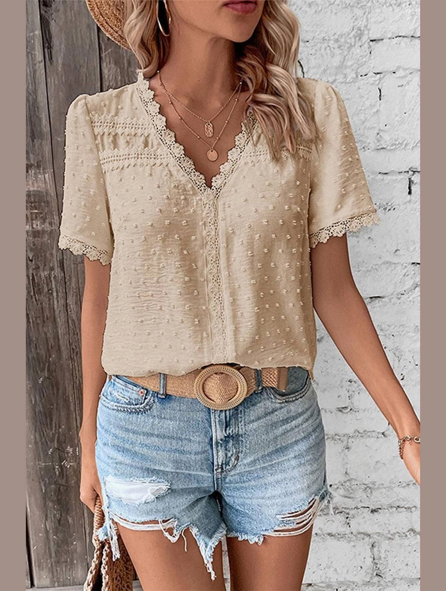 Minimalist Cuff Lightweight Jacket WOMEN SWISS DOT LACE TRIM NECK SHORT T SHIRT