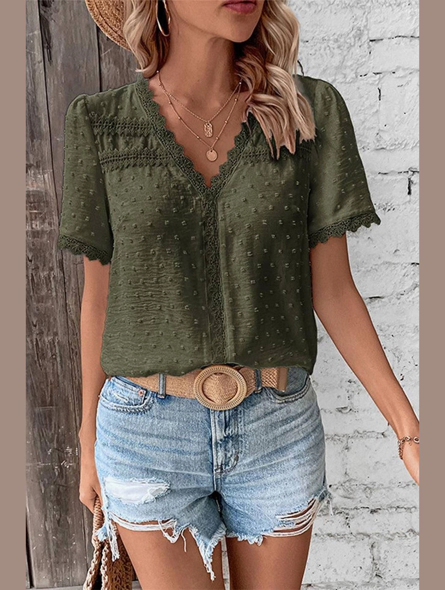 Flatlock Seam Design Double Chest Pocket WOMEN SWISS DOT LACE TRIM NECK SHORT T SHIRT