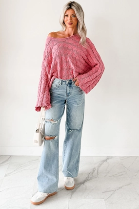 Making My Way Cable Knit POL Sweater (Pink) FlexibleElasticatedEdging