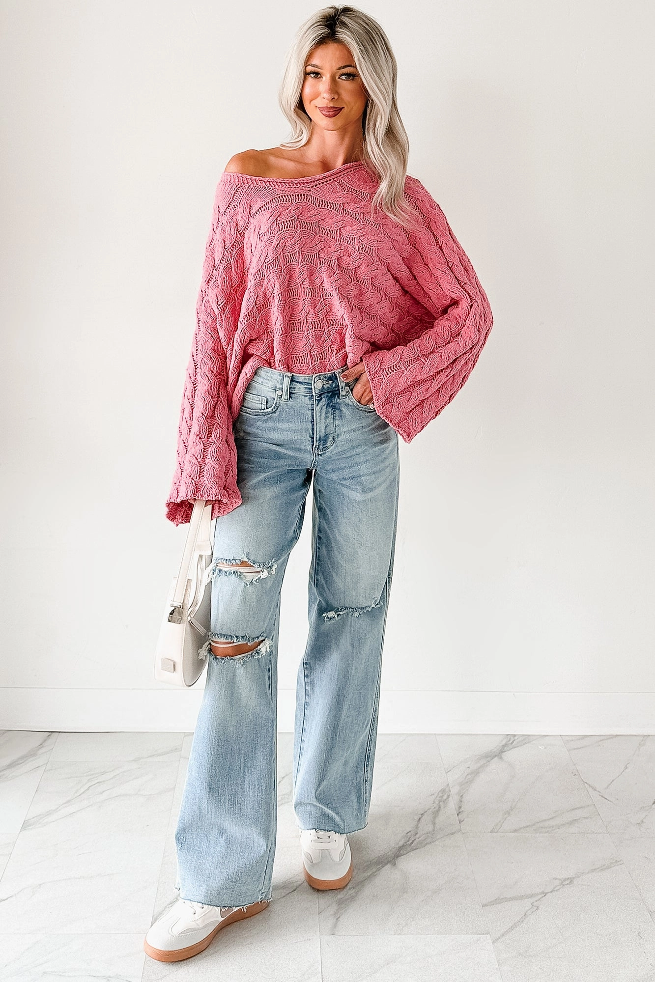 Making My Way Cable Knit POL Sweater (Pink) FlexibleElasticatedEdging