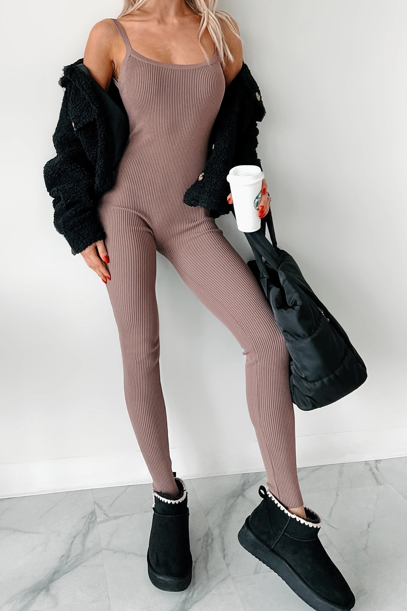 Making Things Right Rib Knit Backless Jumpsuit (Latte) NonRestrictive Armholes ZonalVentilation