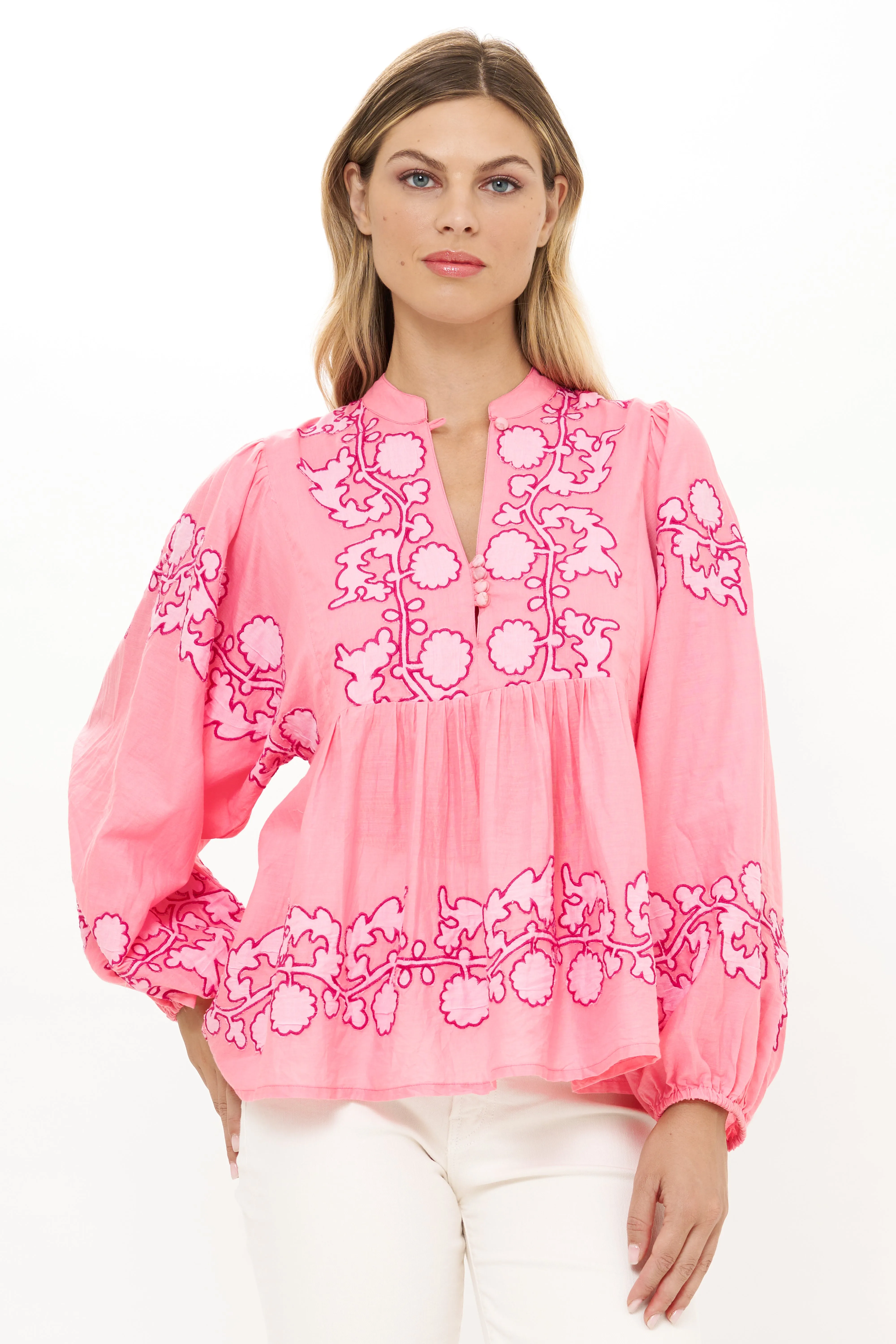 Mandarin Balloon Top Tangier Pink DoubleStitchedSeams