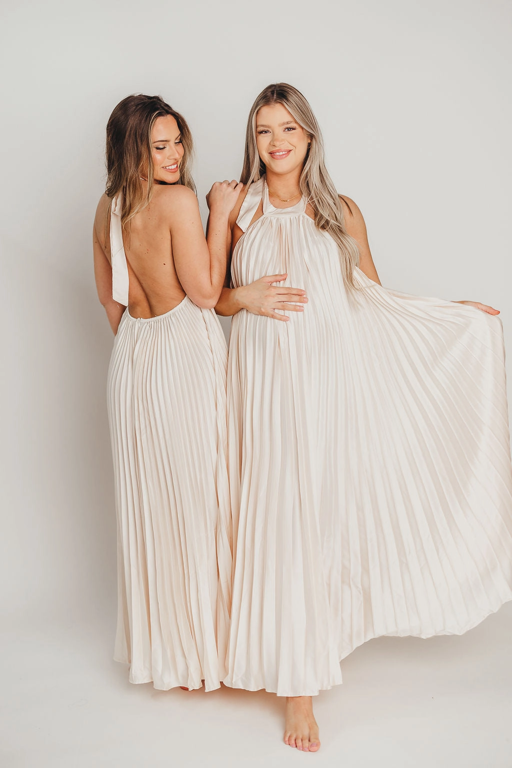 Cool Undertone Chilly Comfort Maren Pleated Halter Maxi Dress in Cream - Bump Friendly