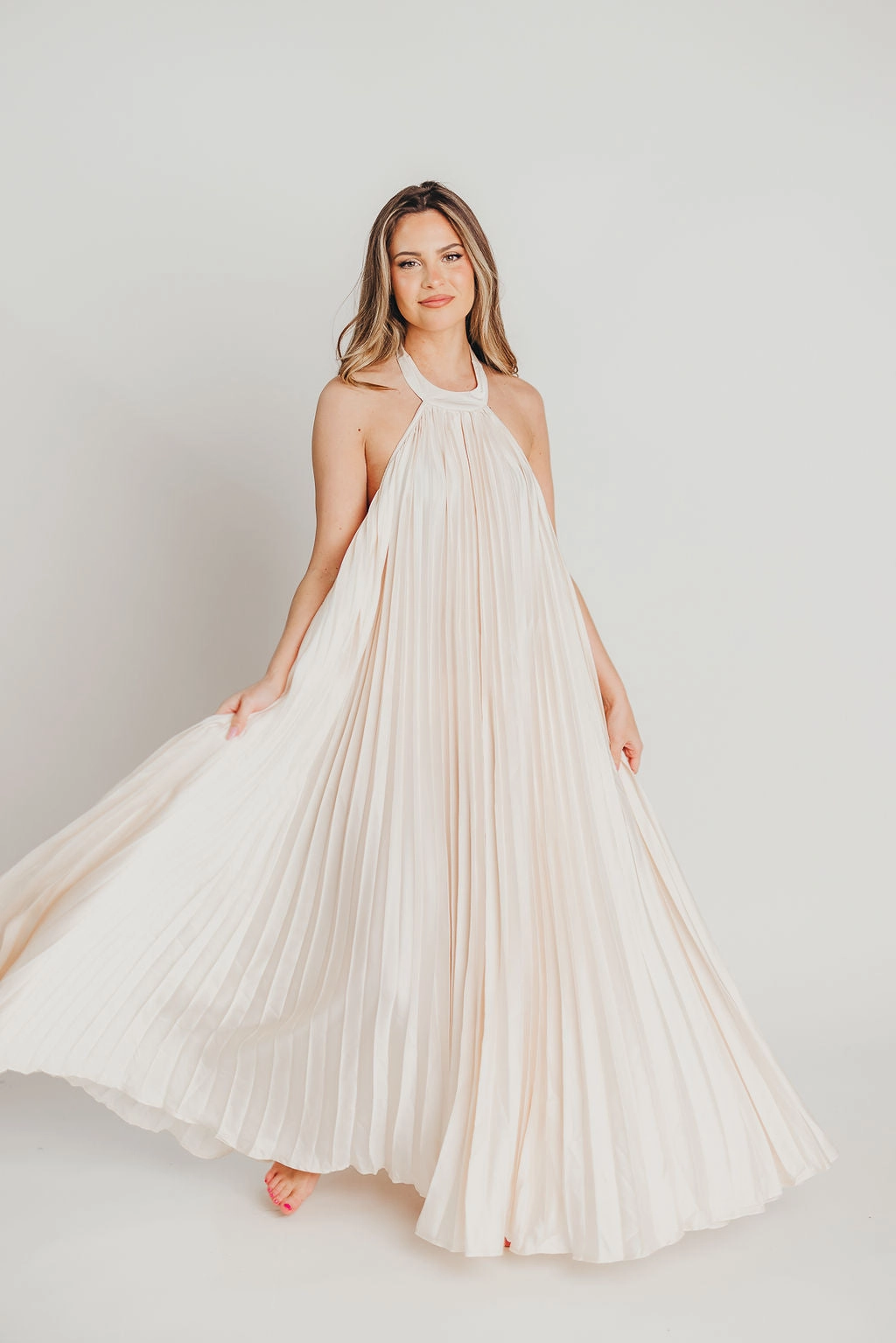 Maren Pleated Halter Maxi Dress in Cream - Bump Friendly Formal Setting Brunch Outfit