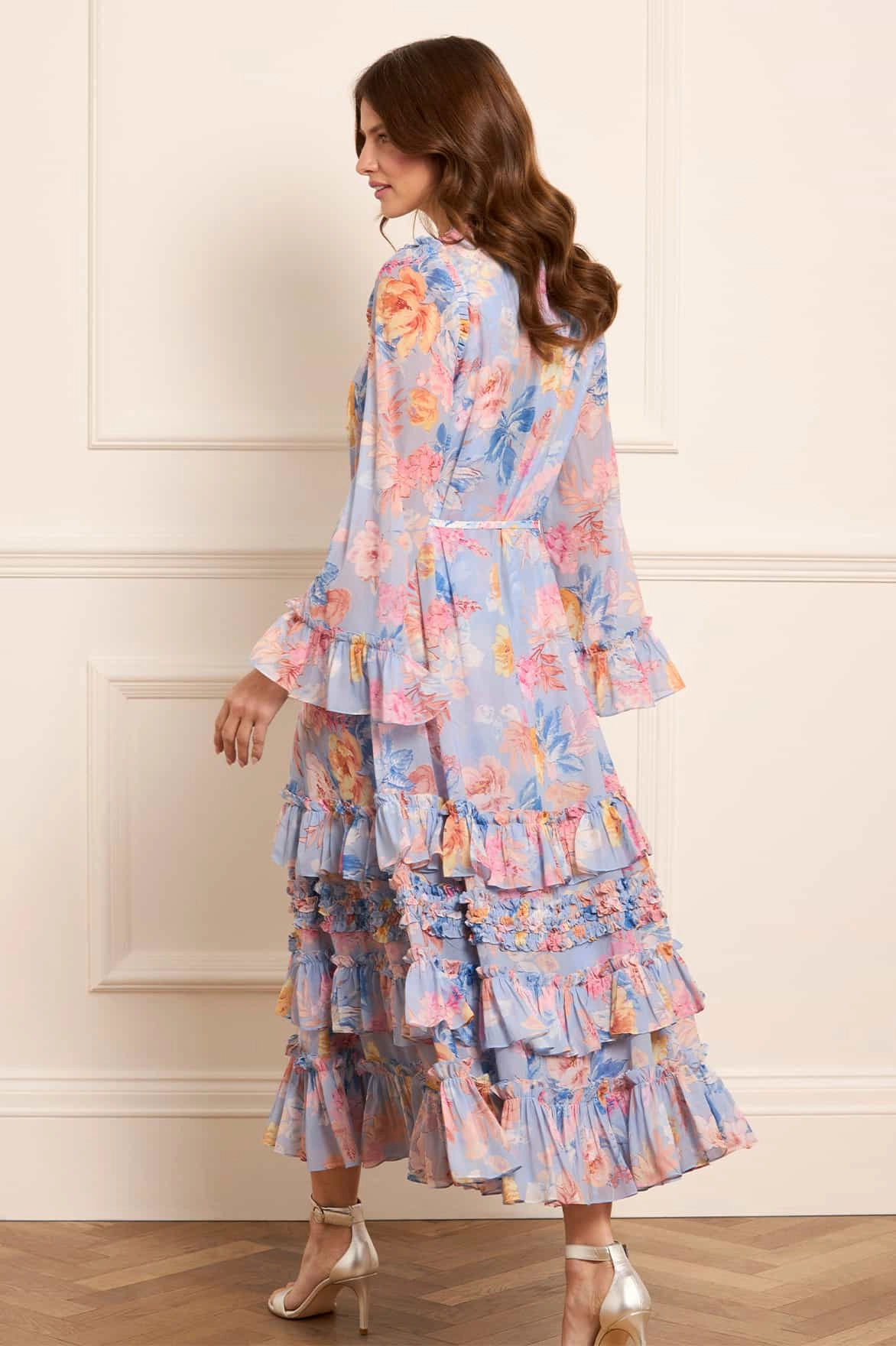 Ombre-Effect Mariannes Floral Chiffon Round Neck Ankle Gown