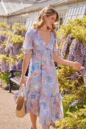 Mariannes Floral Chiffon Short Sleeve Ballerina Dress retro-style Lightweight