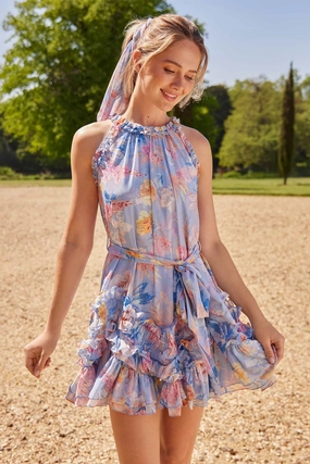 Mariannes Floral Chiffon Sleeveless Micro Mini Dress Lace Soft