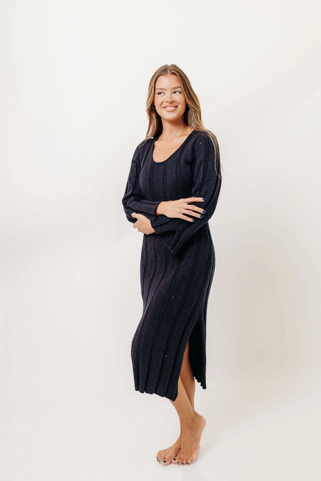Chic Statement Marley 100% Cotton Midi Dress in Dark Navy