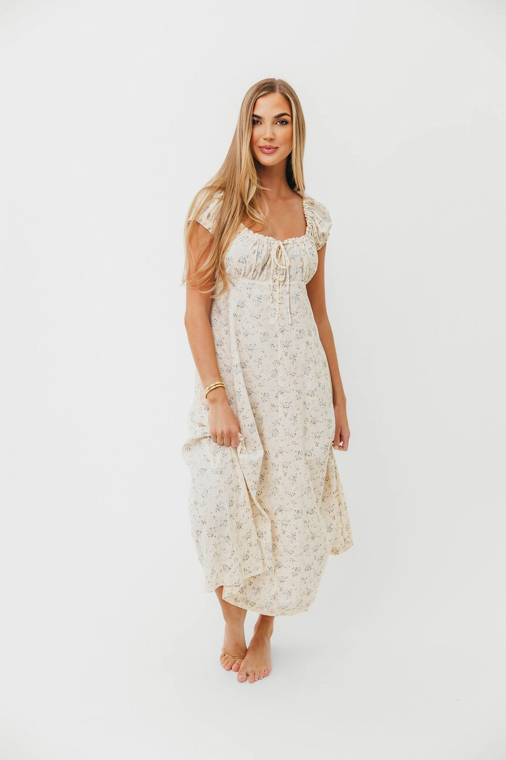 All Inclusive Luxe Touch Marley 100% Cotton Midi Dress in Ivory/Blue Floral -Bump Friendly