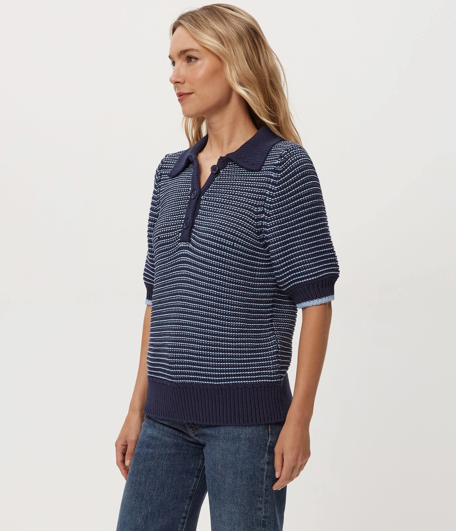 TwoToneEffect Contoured Side Panels MARLEY TAPE YARN COLLARED PULLOVER