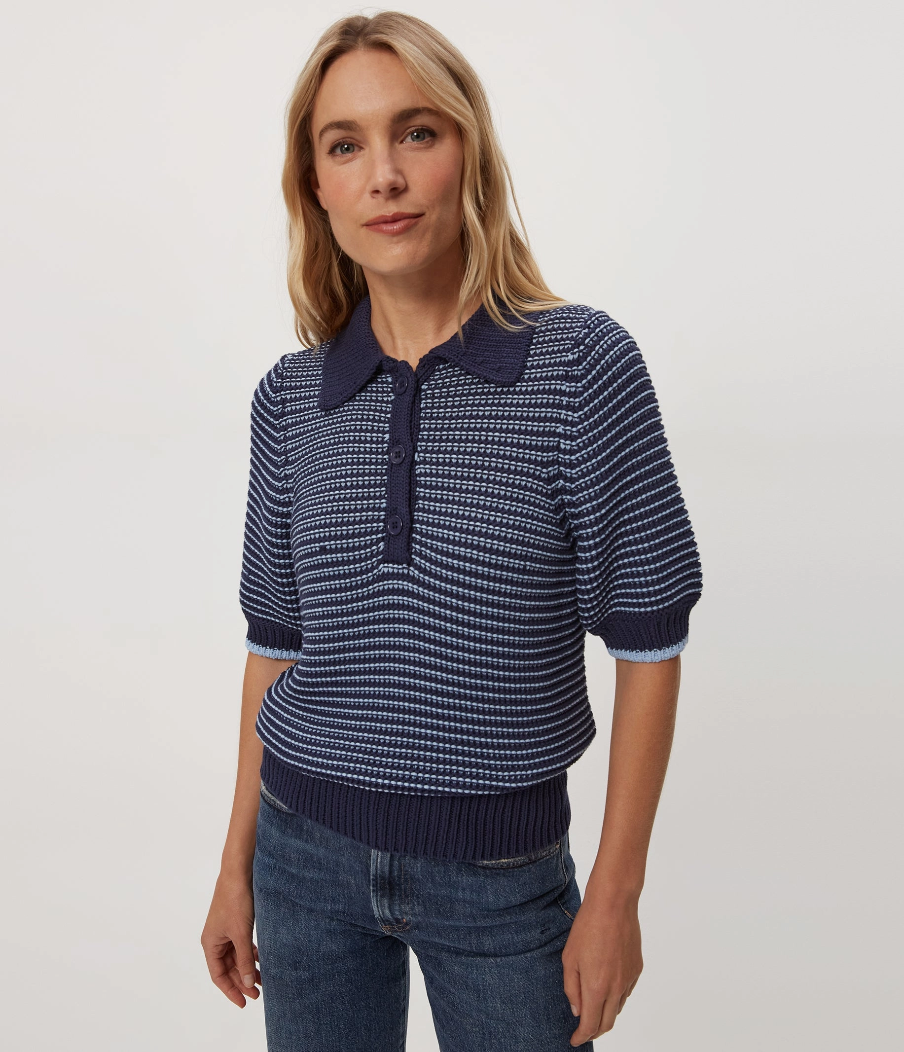 Sandwich Mesh Panel Structure Moisture Management Fabric MARLEY TAPE YARN COLLARED PULLOVER