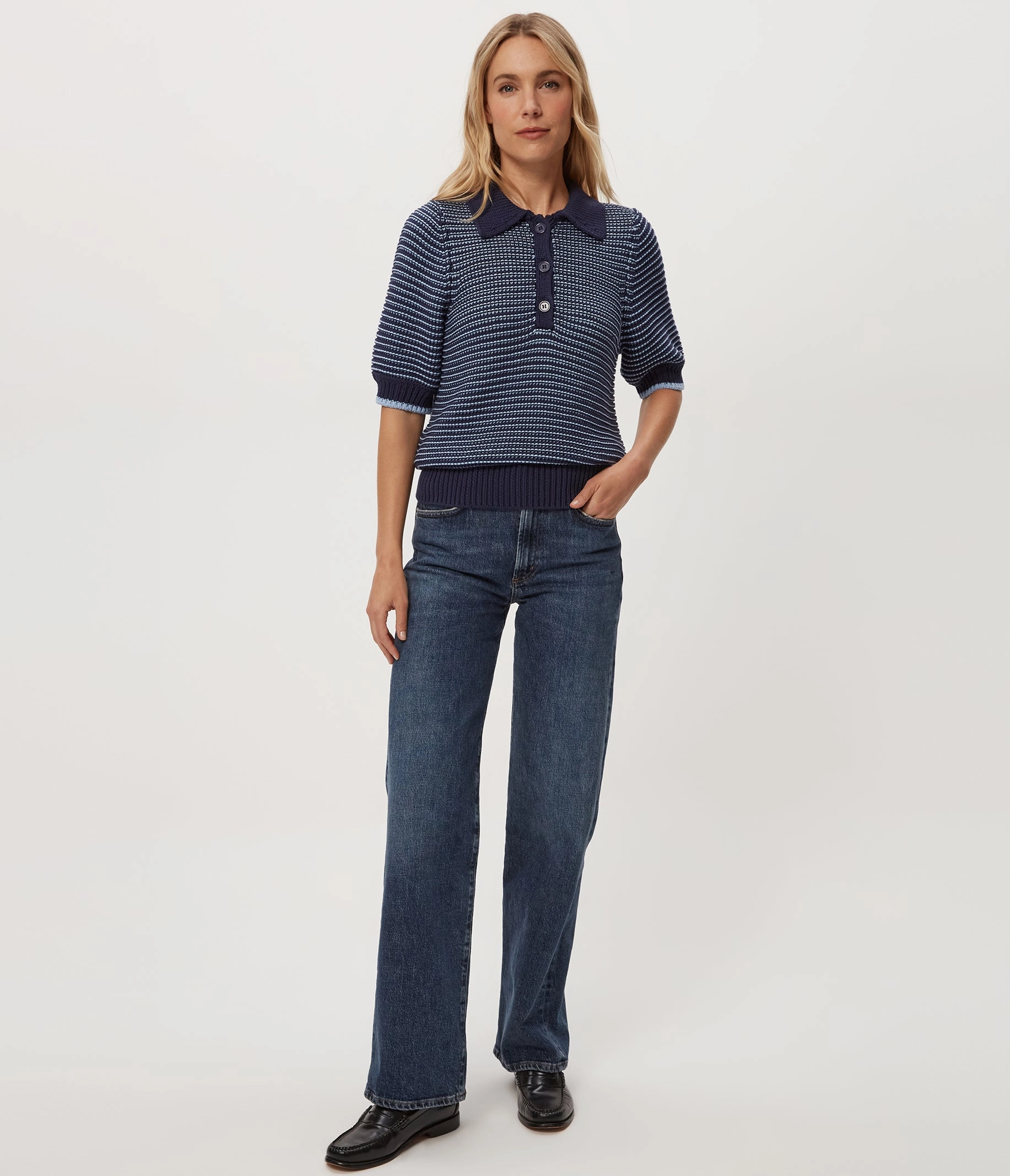 MARLEY TAPE YARN COLLARED PULLOVER NonRestrictiveSilhouette Resilient Fabric Blend