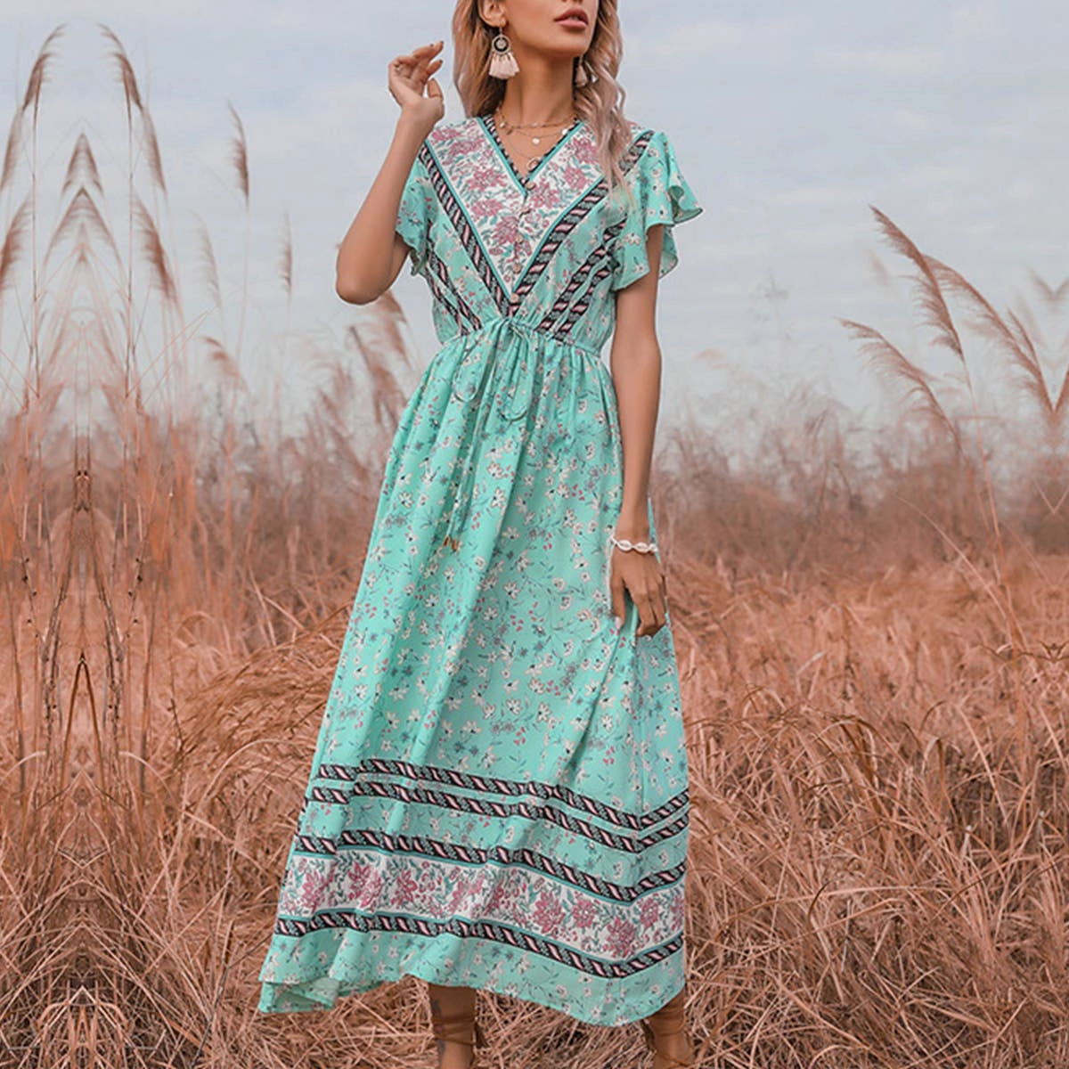 Warm Palette BOHO FROCK WITH RUFFLED SLEEVES_CWDMD1955