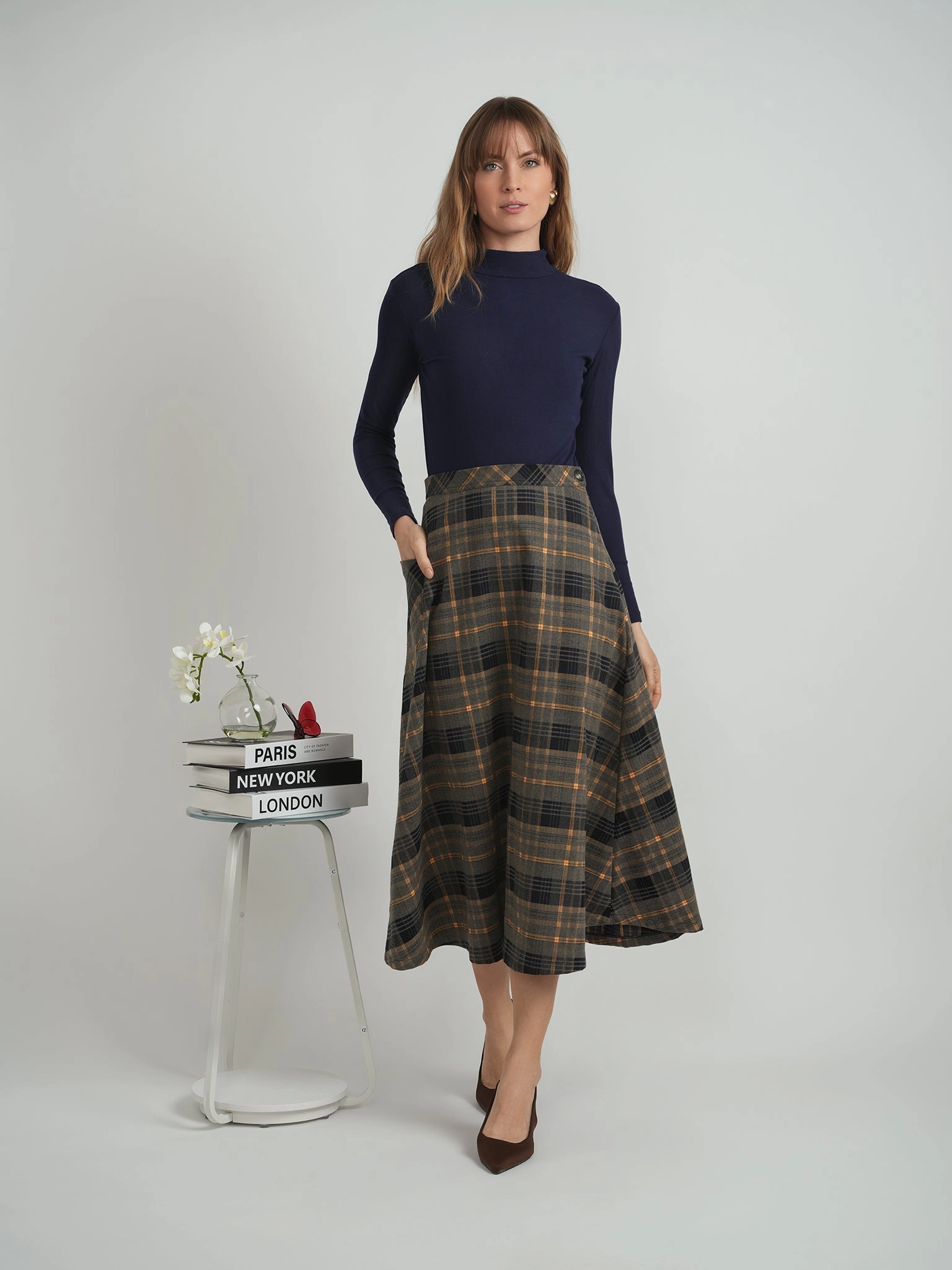 Faves Olive Plaid Corduroy Pocket Skirt WB5CM1667SM Runway Ready