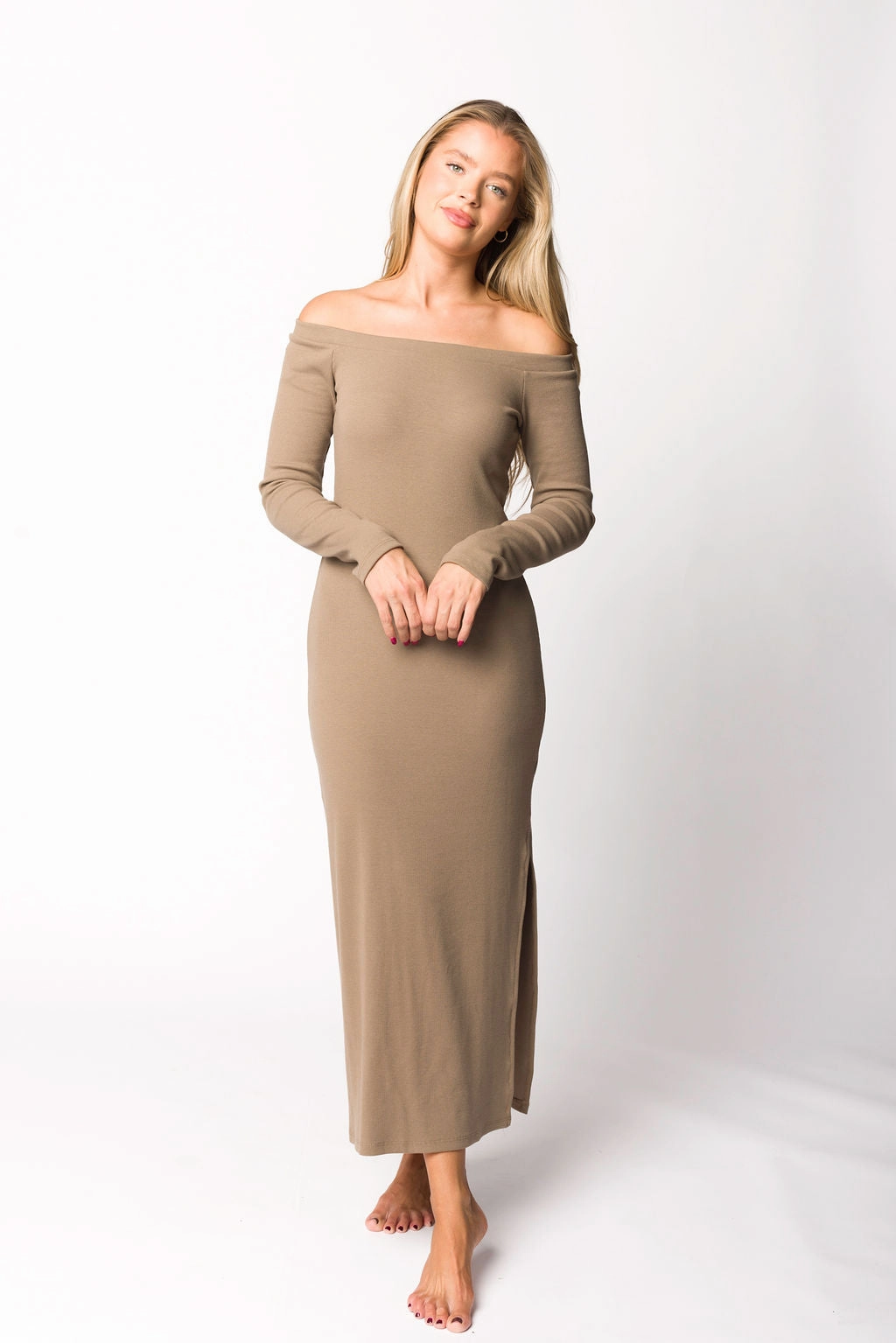 Solid-color Subtle Stitch Leola Maxi Dress in Burnt Taupe