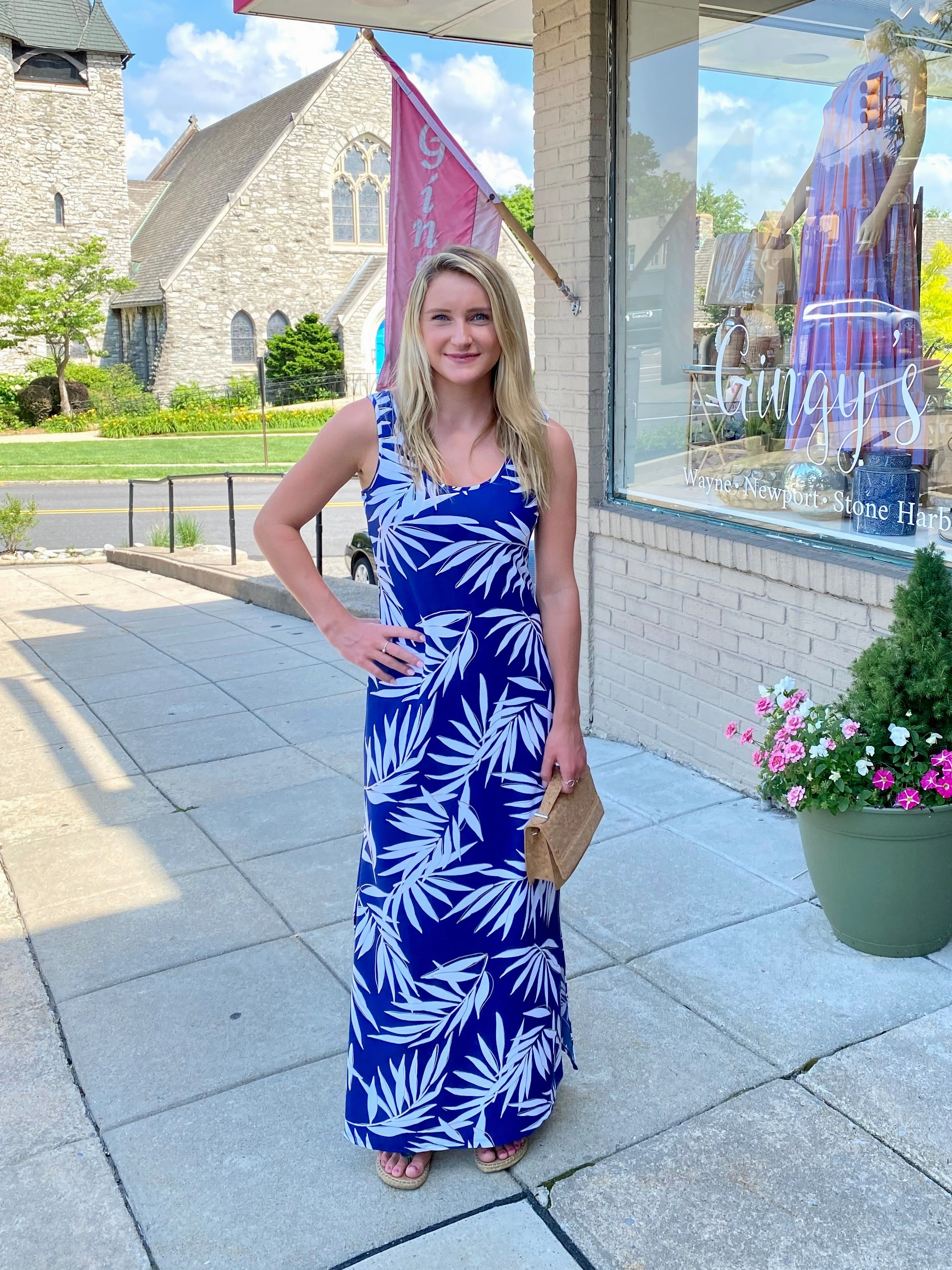 Maui Maxi Navy Palm Leaf Shimmer-Finish Glam Feel