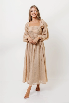 Maxine Ruched Chiffon Maxi Dress in Taupe Lace Detail