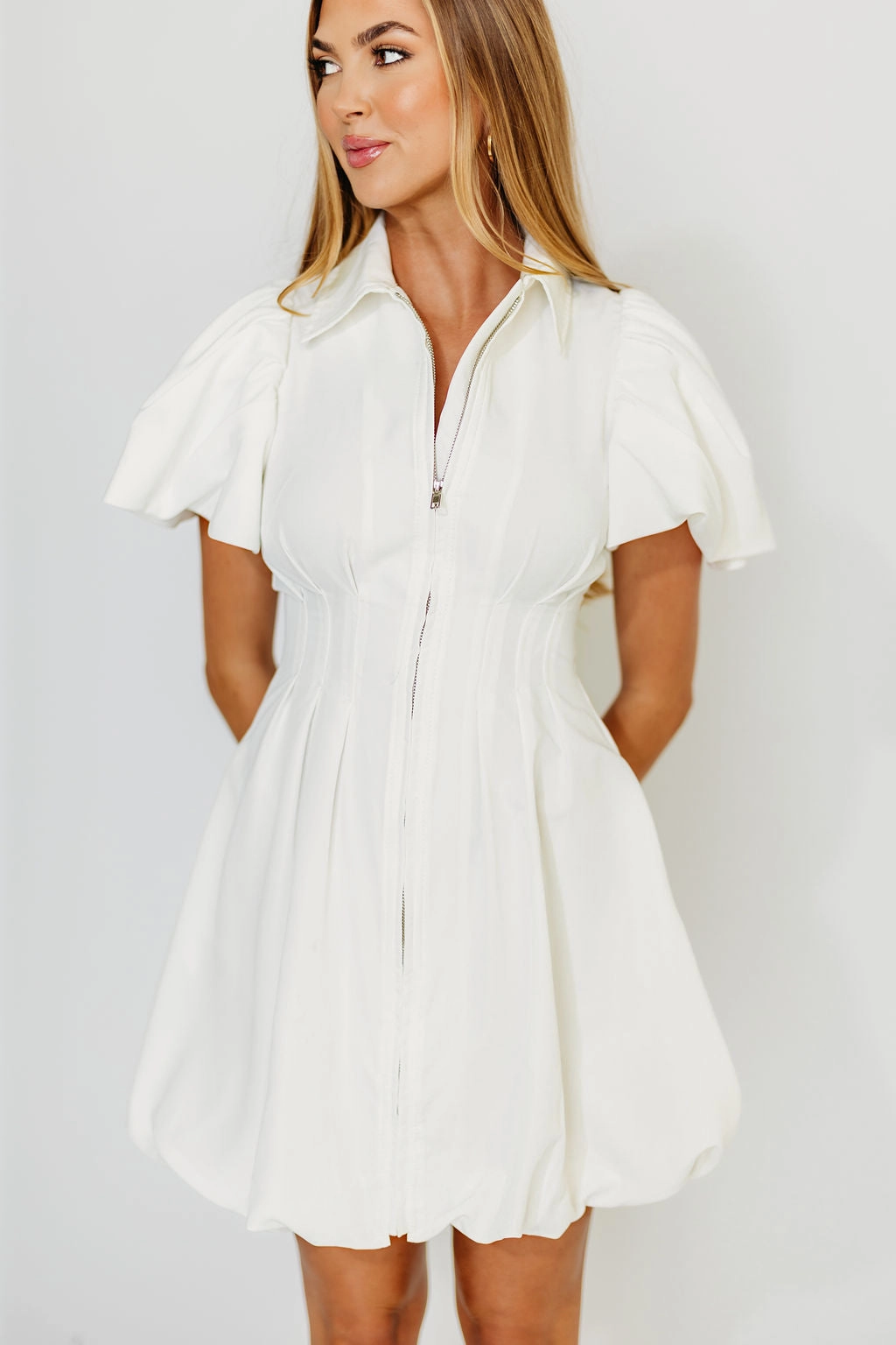 Melissa Bubble Sleeve Mini Dress in White Event Glow Street Motion