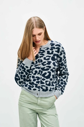 Merino Leopard Crew Cardigan Mid Grey/Navy PolyesterBlend VentedBack
