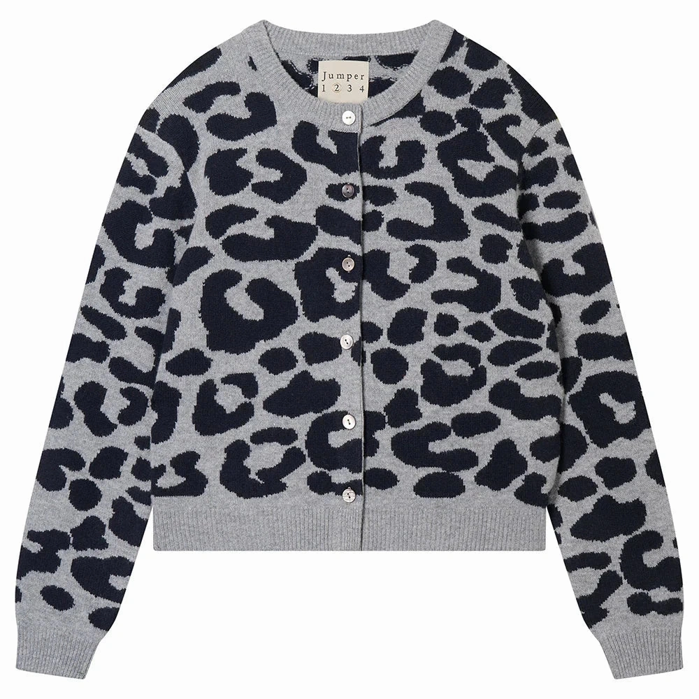 Non Restrictive Cut DoubleStitchedHem Merino Leopard Crew Cardigan Mid Grey/Navy