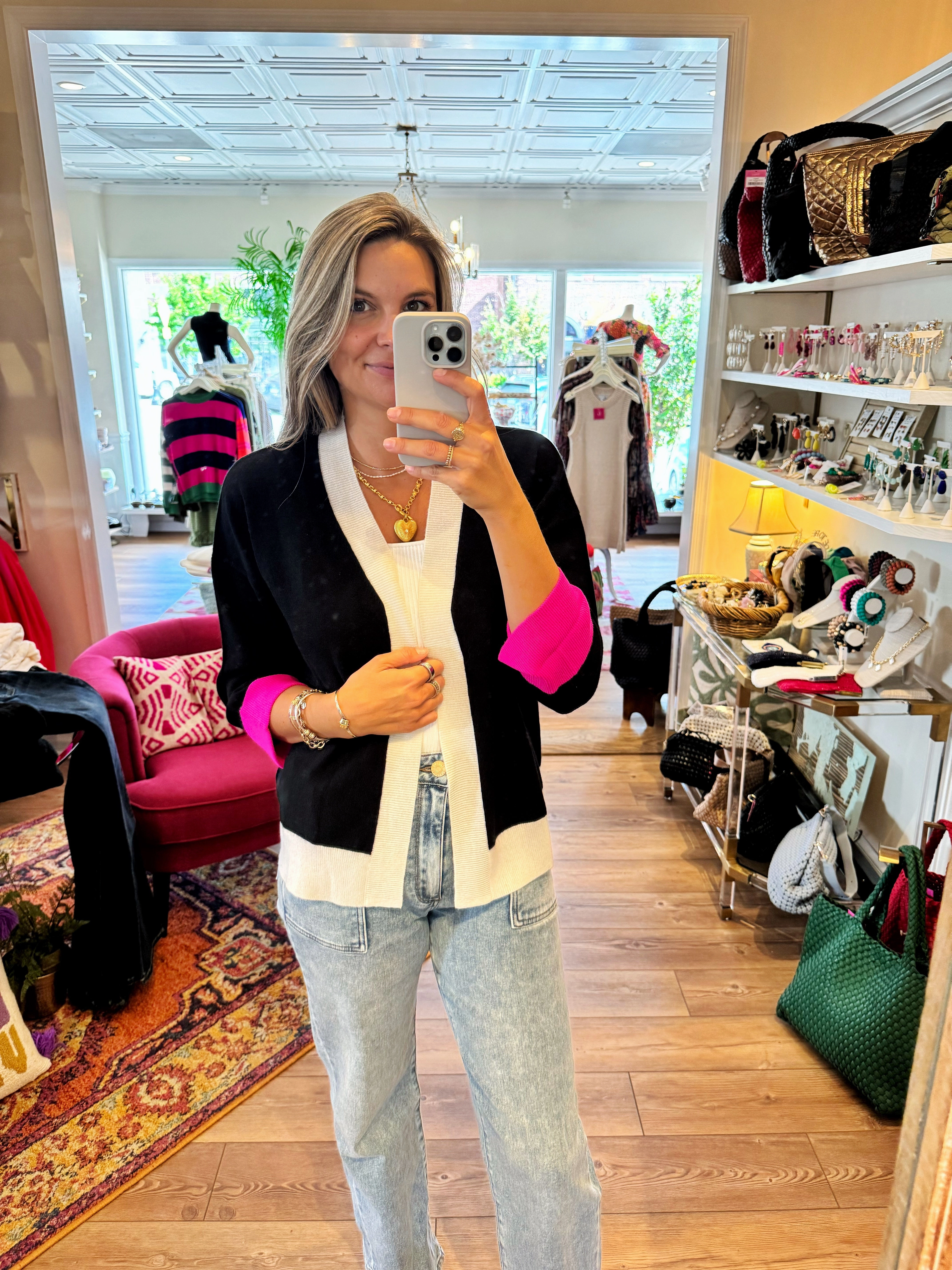 Breathable back panel casual top Merino Wool Cardi Black Ecru