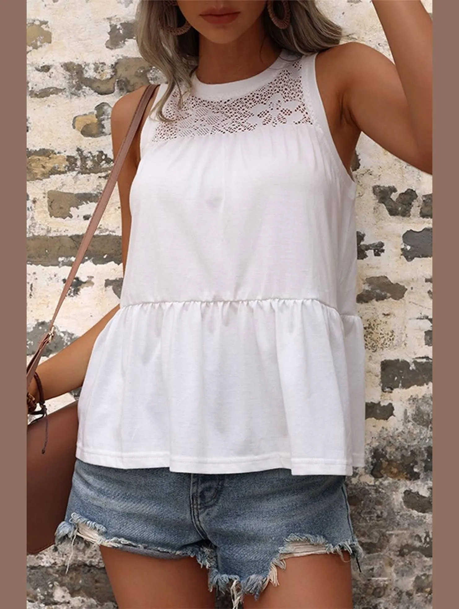 Ribbed Hemline SublimatedPrint MESH LACED NECK TIERED SLEEVELESS TUNIC TOP