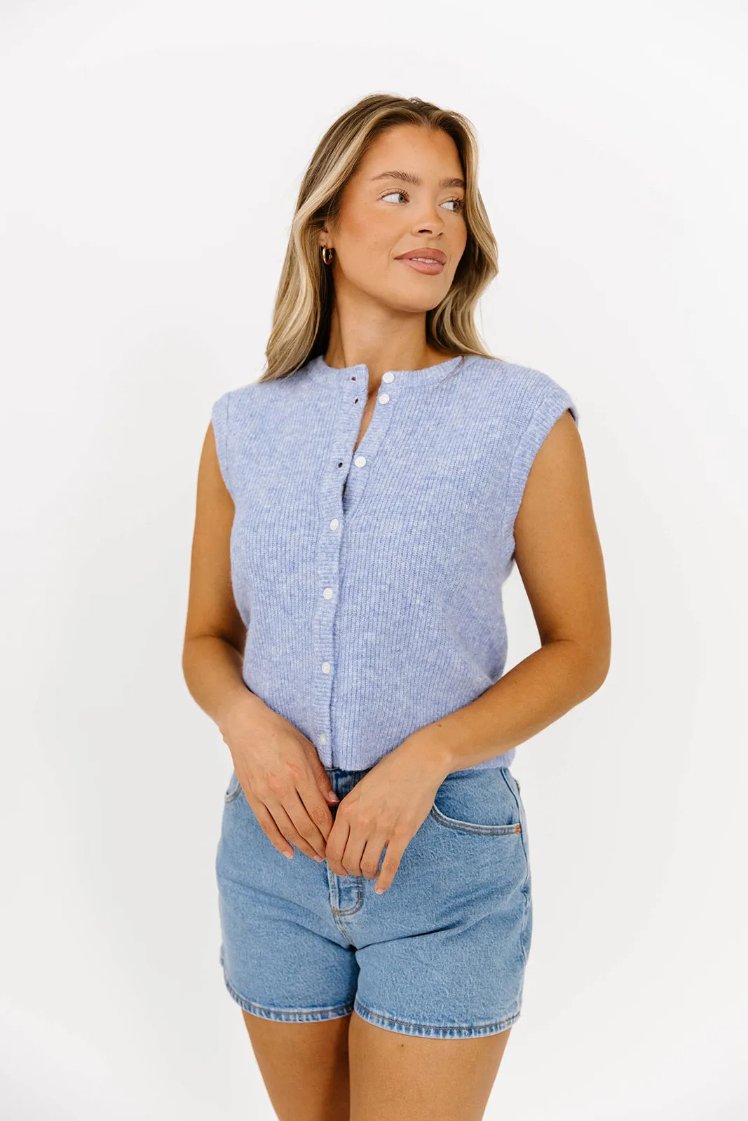 Analeigh Sleeveless Ribbed Knit Vest in Blue Breathable mesh panel