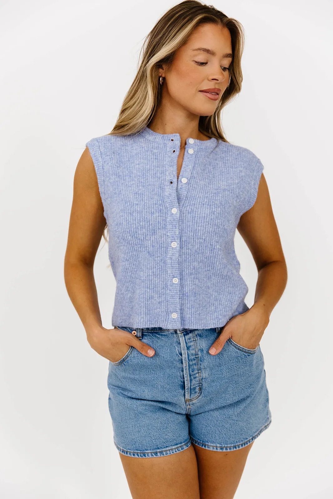 Analeigh Sleeveless Ribbed Knit Vest in Blue Seamless construction