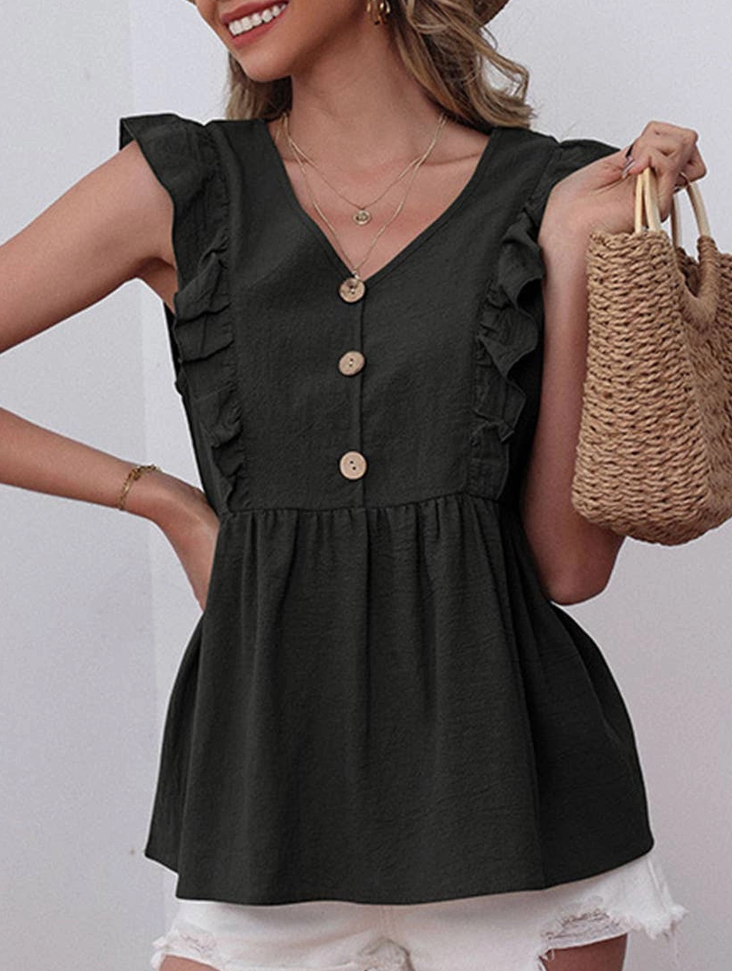 Anti Pilling Technology Adjustable drawstring COTTON AND LINEN SLEEVELESS V-NECK BLOUSE_CWTBLSL0204