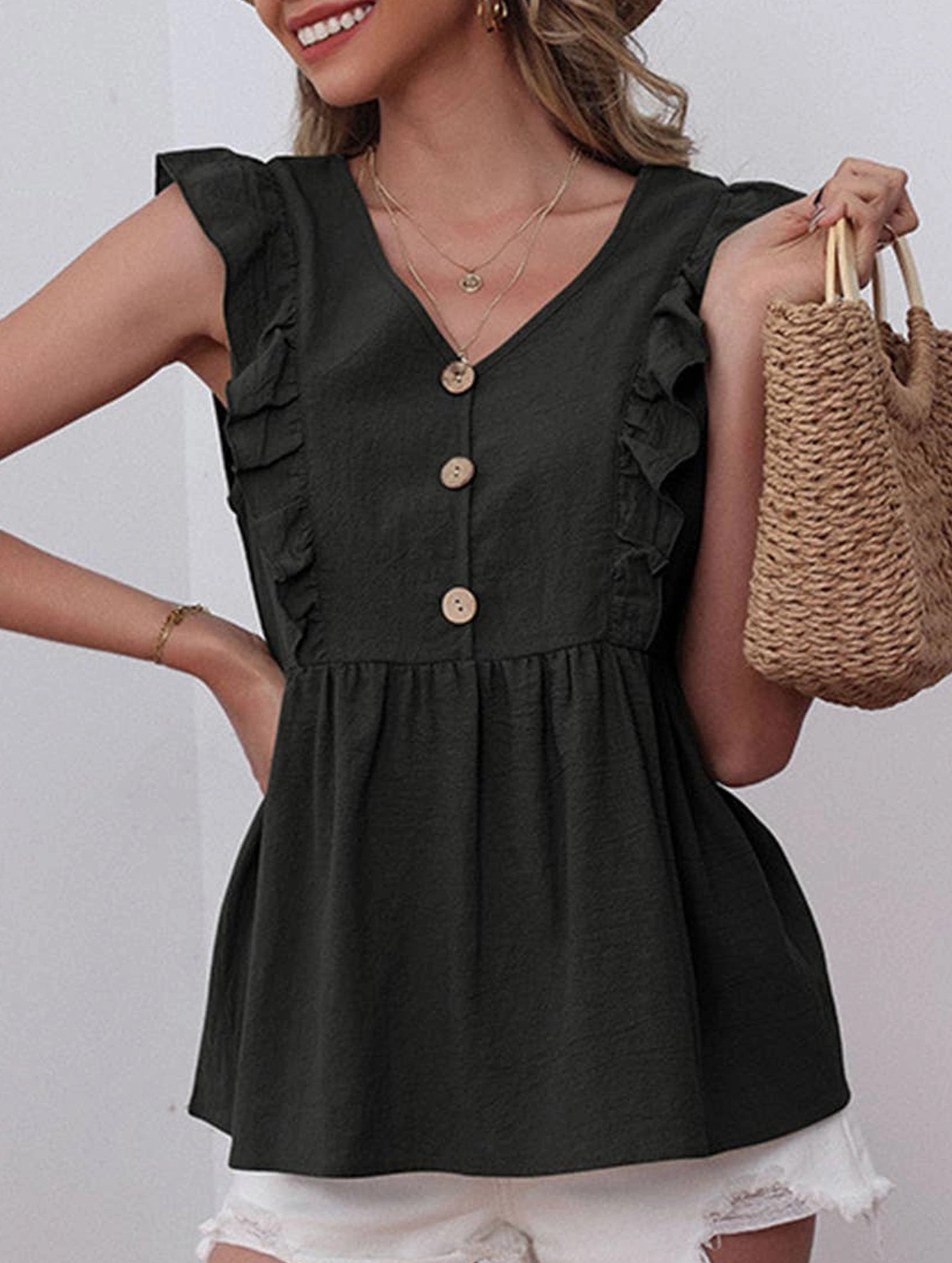 COTTON AND LINEN SLEEVELESS V-NECK BLOUSE_CWTBLSL0204 Flexible Neckline FrenchTerryTexture