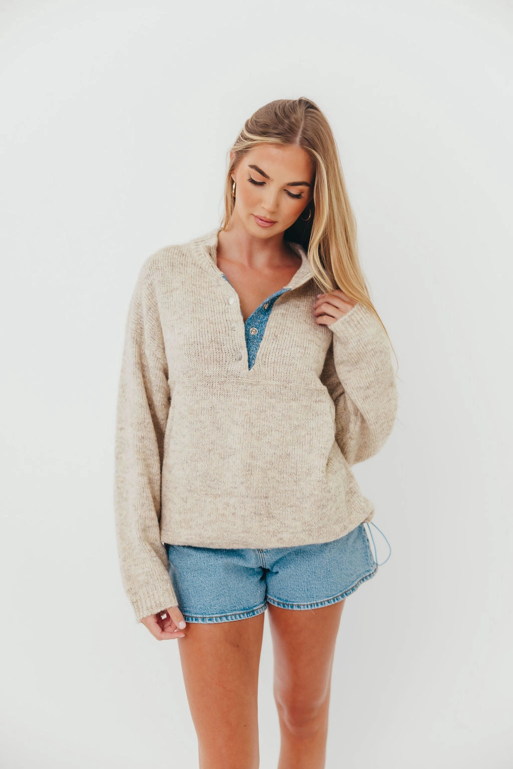 QuickDrying Comfy Layer Blythe Two Tone Snap Collar Sweater in Oatmeal