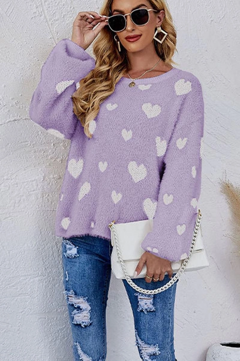 WOMEN OVERSIZED HEART PRINTING CUTE KNIT SWEATER Quick Access Slit Soft Touch Feel