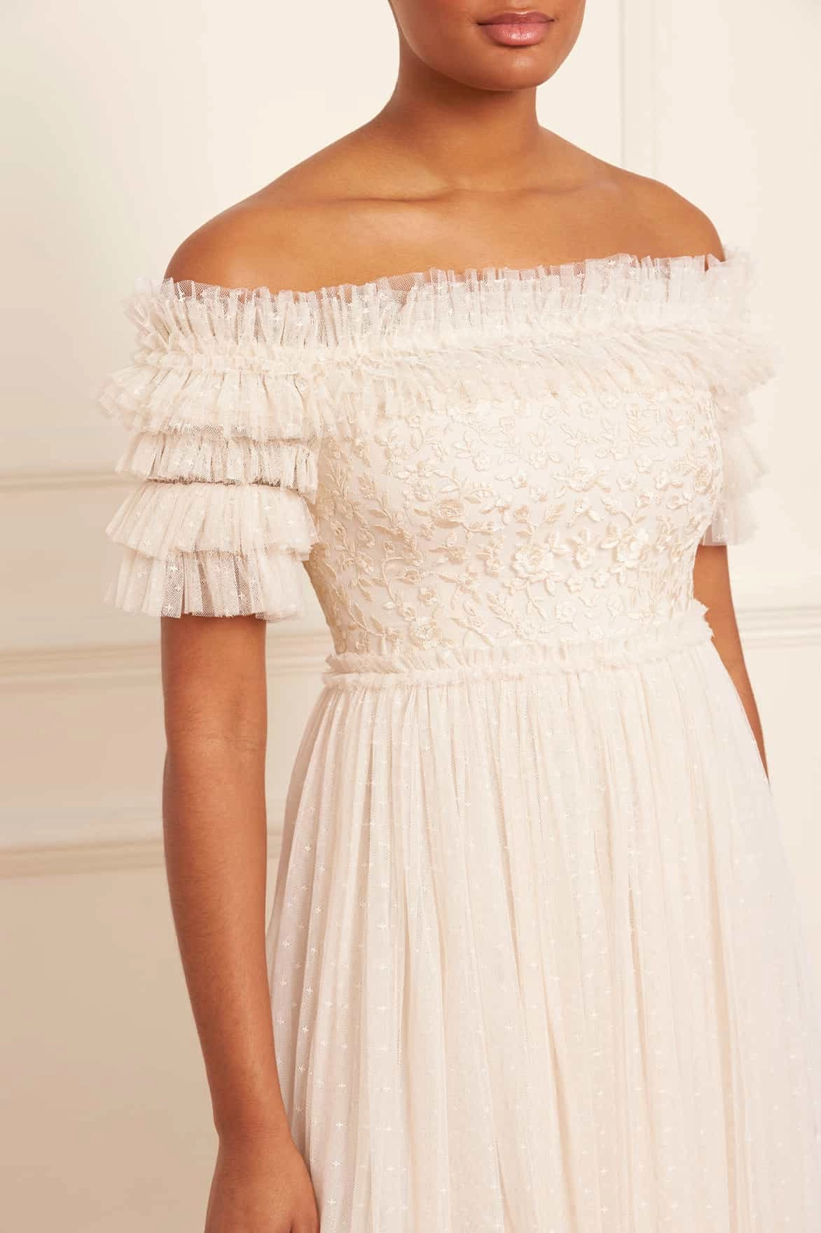 Midsummer Lace Bodice Off-Shoulder Ankle Gown Ruffle Hem Shine Finish