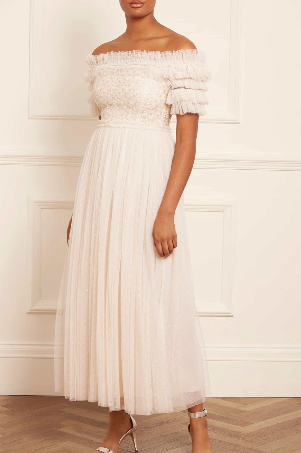Midsummer Lace Bodice Off-Shoulder Ankle Gown V-Neck